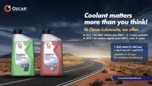 Two Oscar CoolCar coolant bottles (green and red) on a desert highway with bold ad text about coolant for older and modern engines.