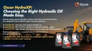 Hero banner for Oscar HydraXP: Choosing the Right Hydraulic Oil Made Easy, with oil containers and construction machinery in the background.
