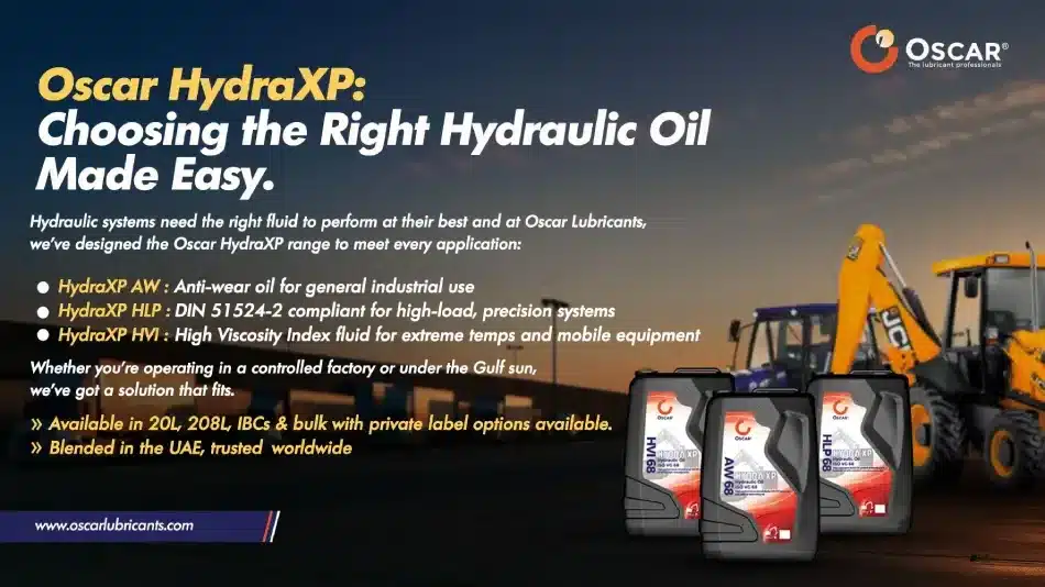 Hero banner for Oscar HydraXP: Choosing the Right Hydraulic Oil Made Easy, with oil containers and construction machinery in the background.