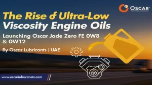 Advertising banner for Oscar Lubricants promoting ultra-low viscosity engine oils, with a yellow oil can and gear icons against a sunset backdrop.