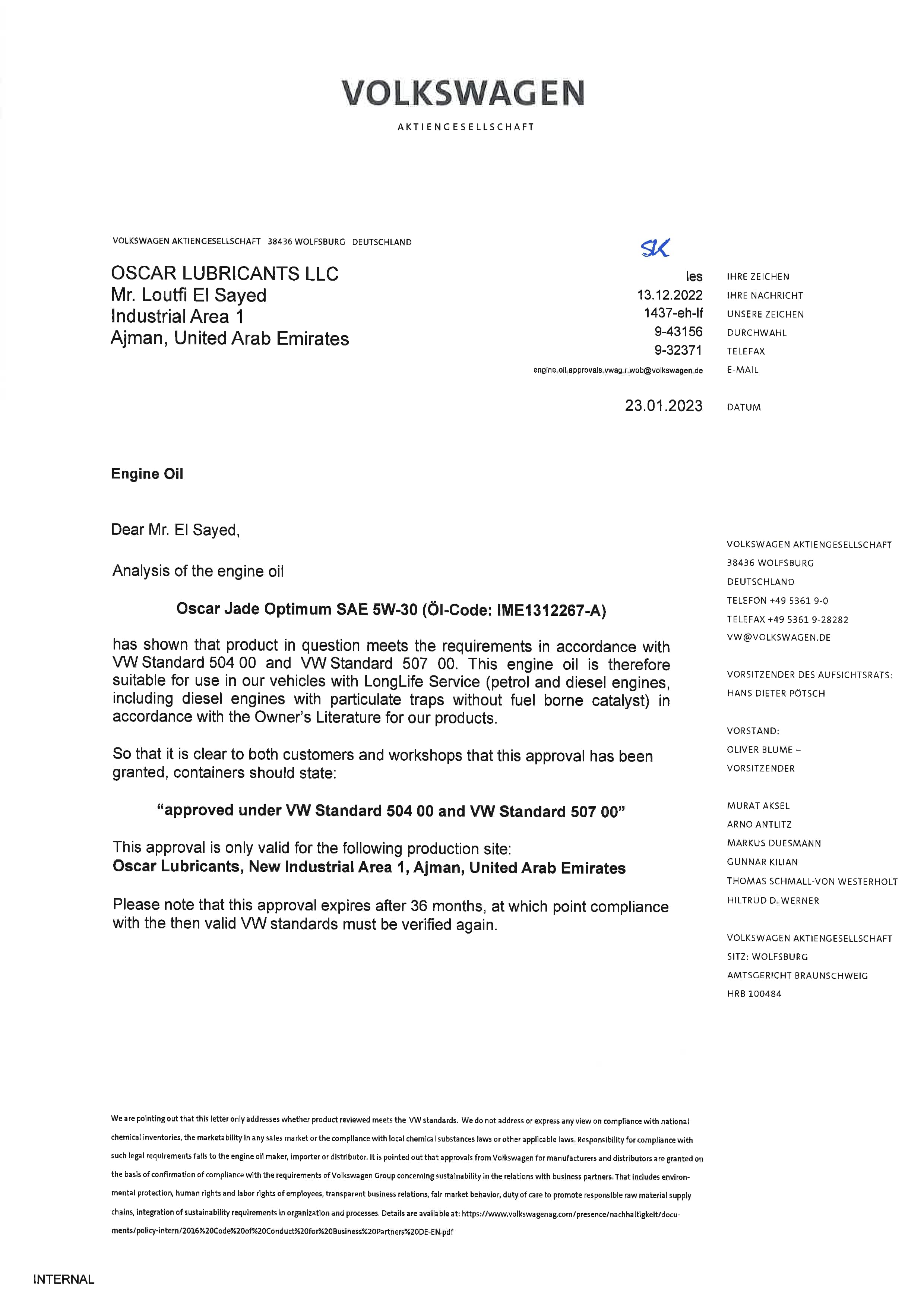 Oscar Jade Optimum 5W30 Volkswagen VW 504 507 Approval