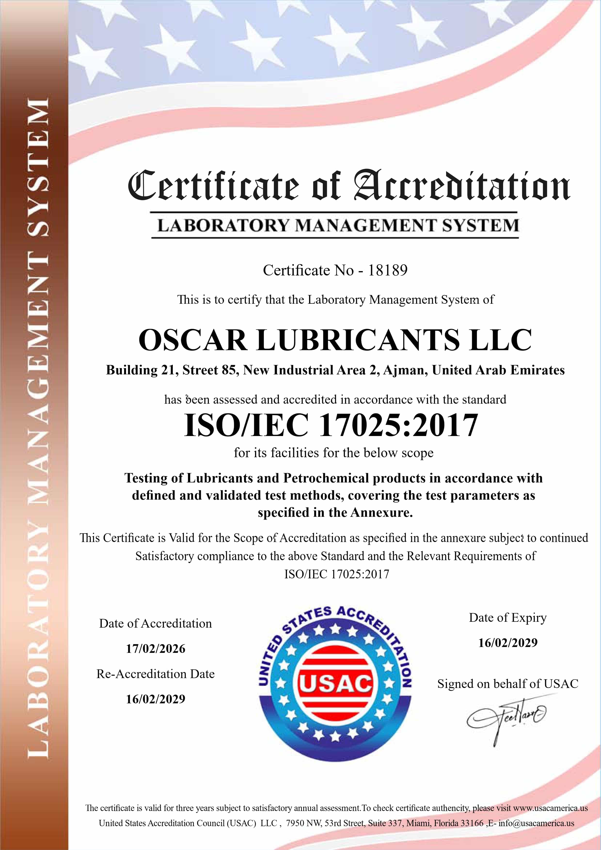 Oscar Lubricants ISO IEC 17025 Laboratory Accreditation