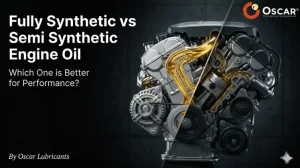 Split-view engine illustration contrasting fully synthetic and semi-synthetic oil with Oscar Lubricants branding on dark background.