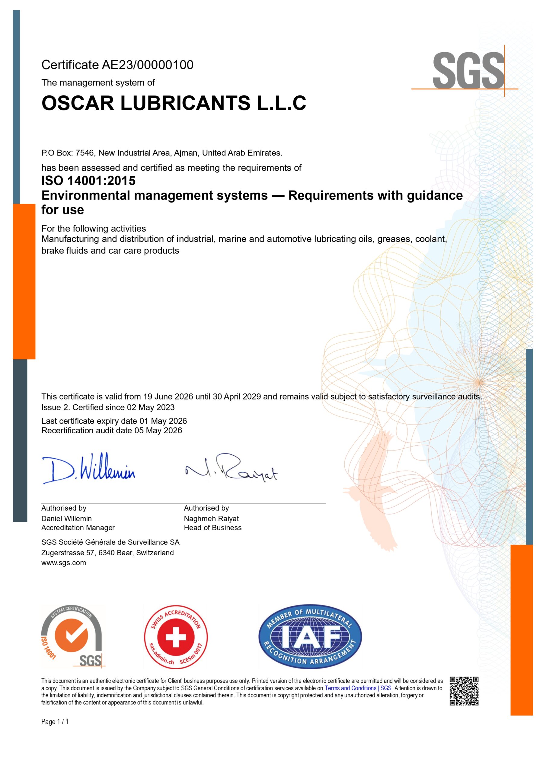 Oscar Lubricants ISO 14001 2015 SGS Certificate
