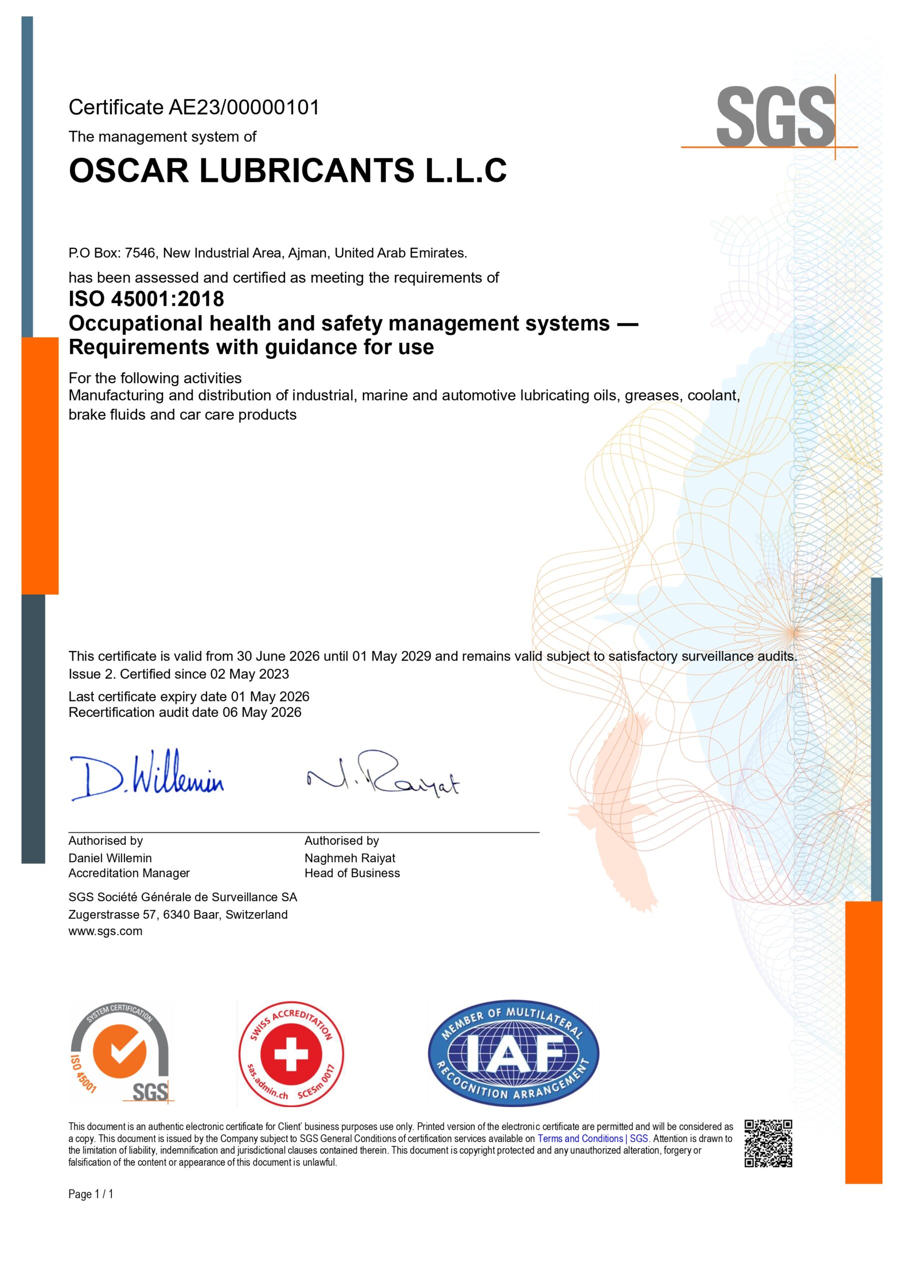 Oscar Lubricants ISO 45001 2018 SGS Certificate