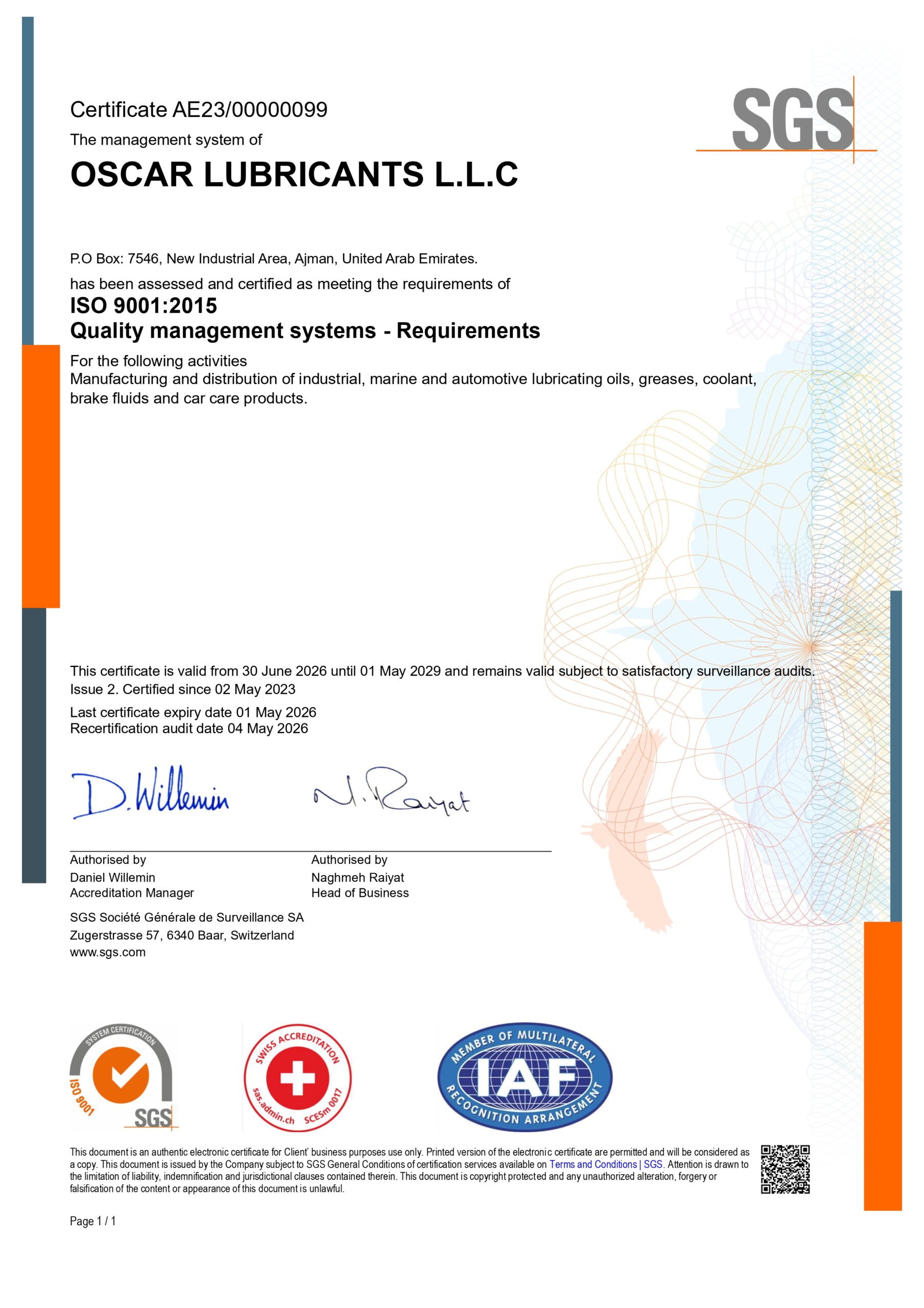 Oscar Lubricants ISO 9001 2015 SGS Certificate